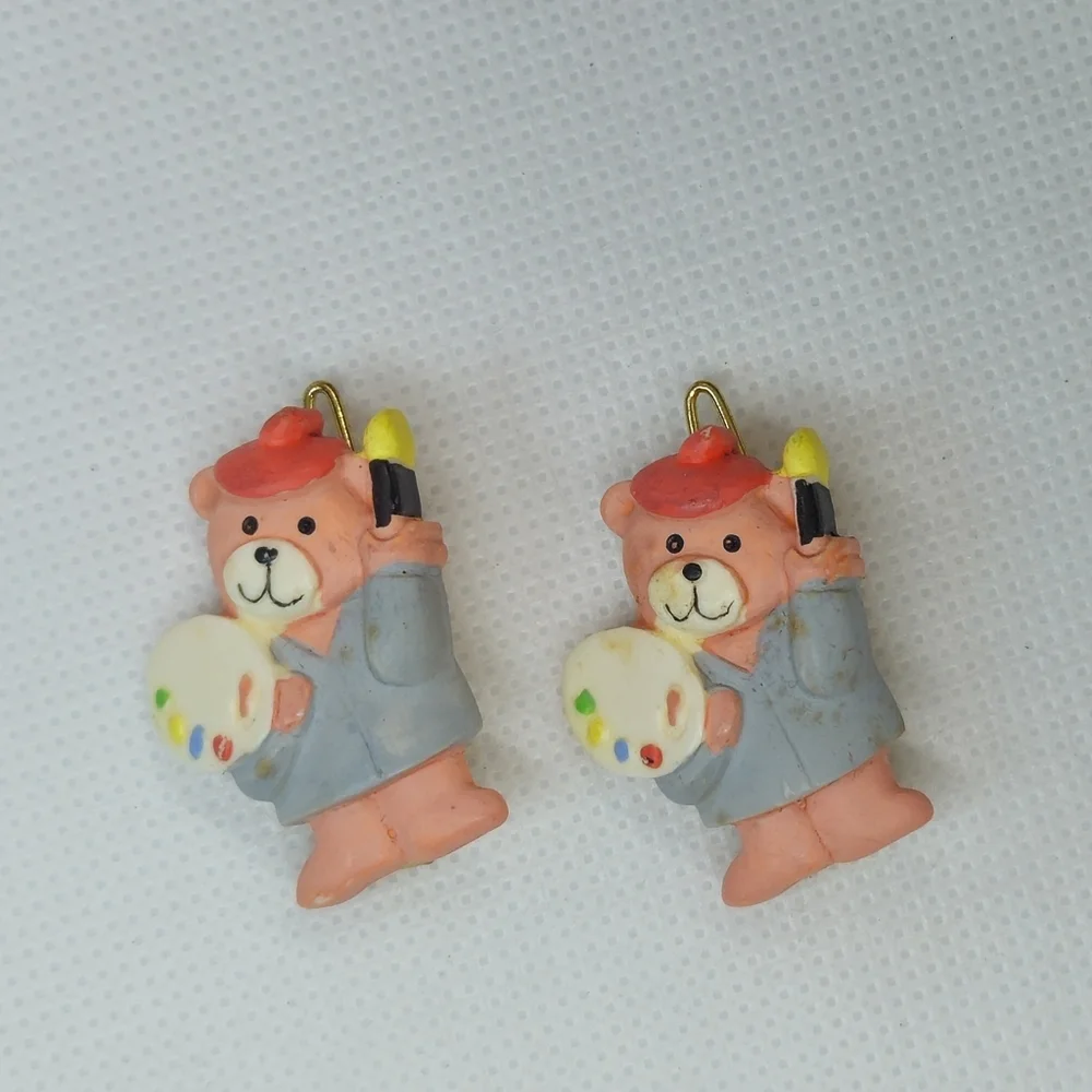 2 Vintage Pink Painter Artist Bear Hair Barrettes Tready Bear Hair Clips